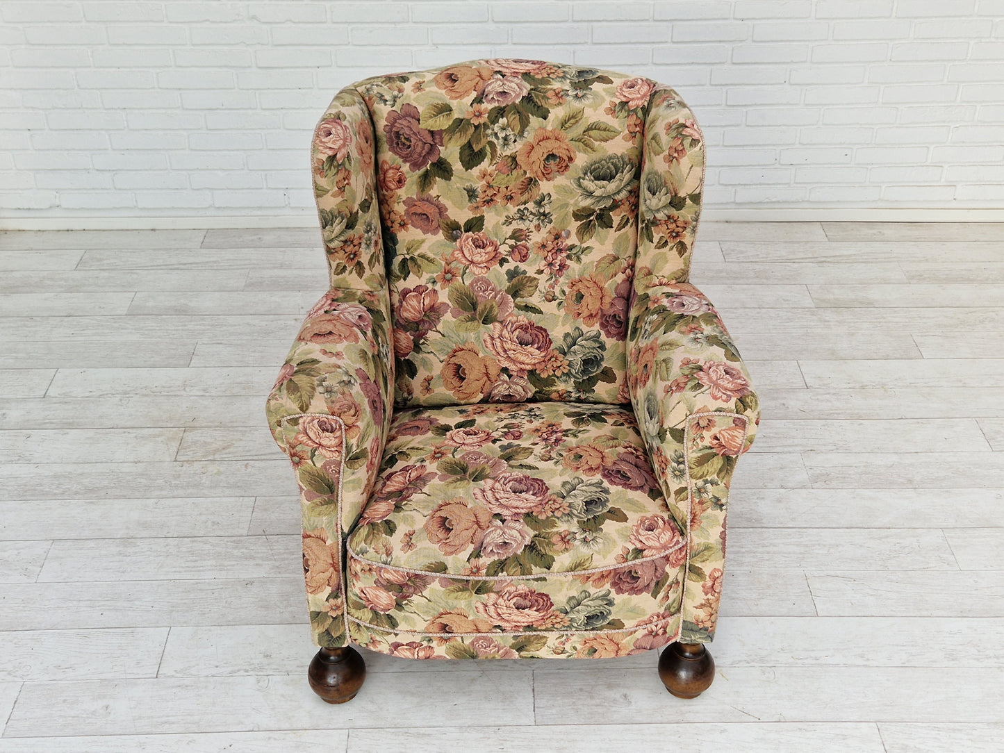 1950s, Danish vintage relax chair in "flowers" fabric, original condition.