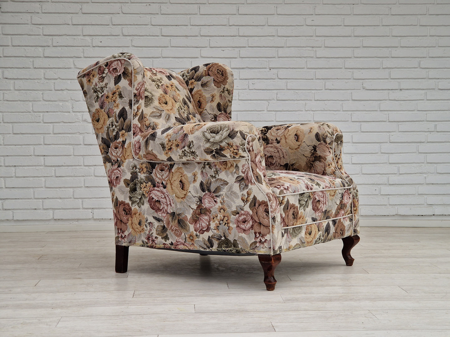 1950s, Danish vintage relax chair in "flowers" fabric, original condition.