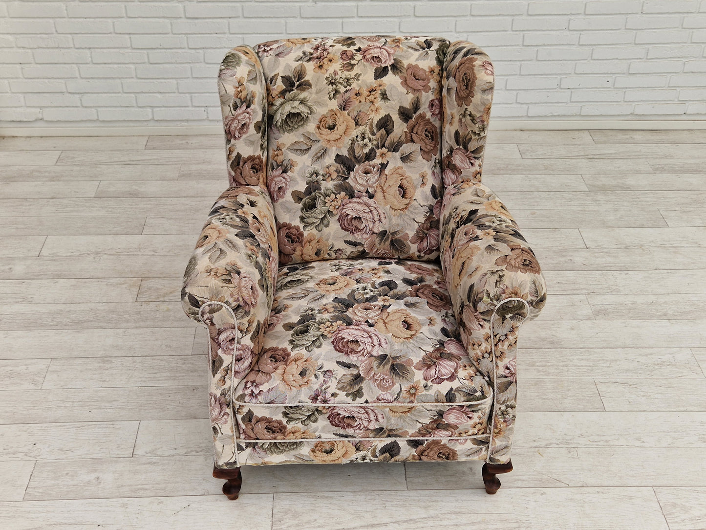 1950s, Danish vintage relax chair in "flowers" fabric, original condition.