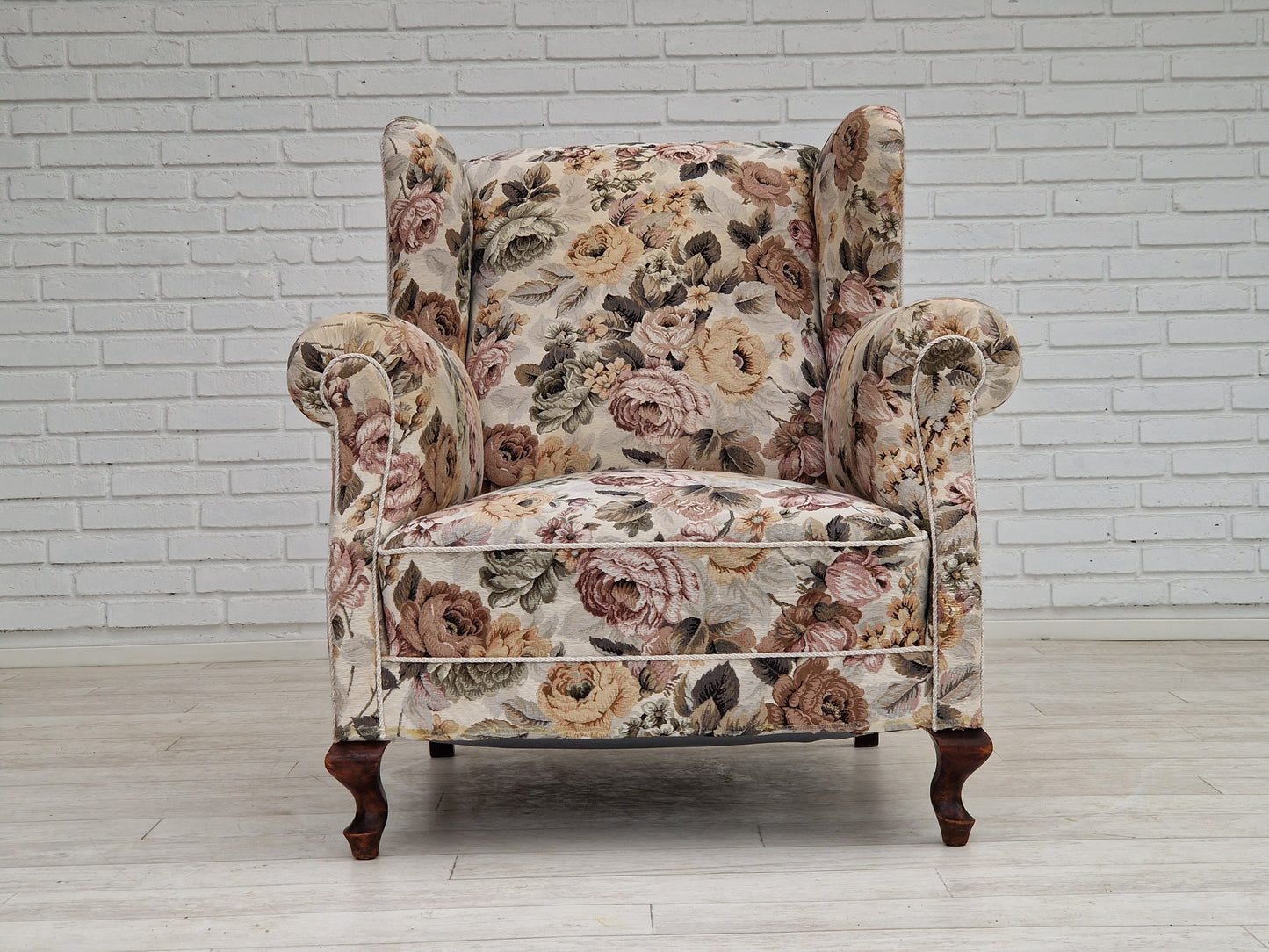 1950s, Danish vintage relax chair in "flowers" fabric, original condition.