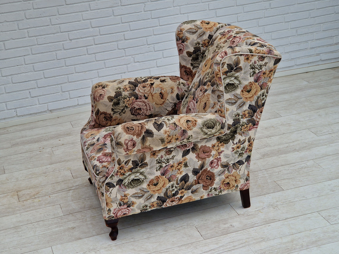 1950s, Danish vintage relax chair in "flowers" fabric, original condition.