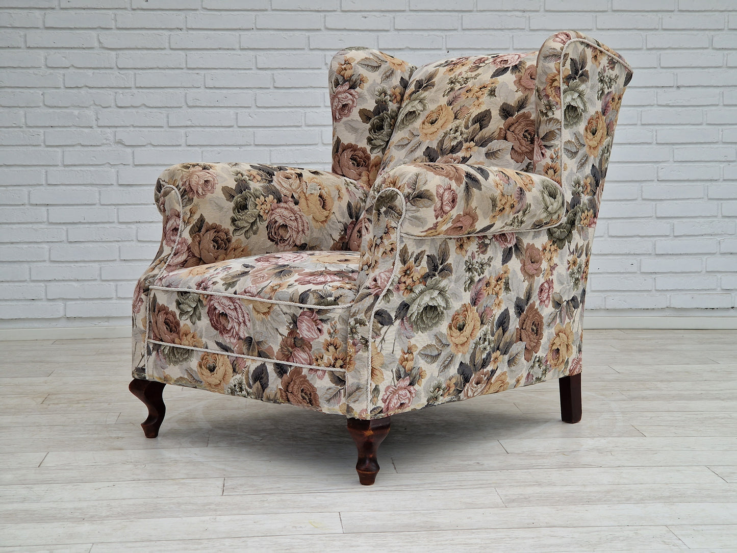 1950s, Danish vintage relax chair in "flowers" fabric, original condition.