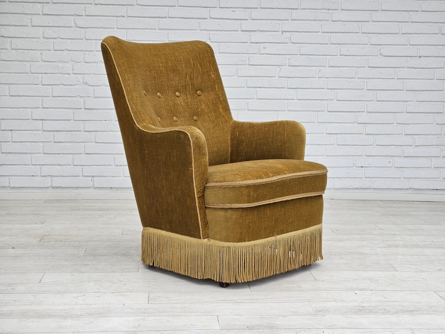 1960s, Danish armchair, original upholstery, light green velour.