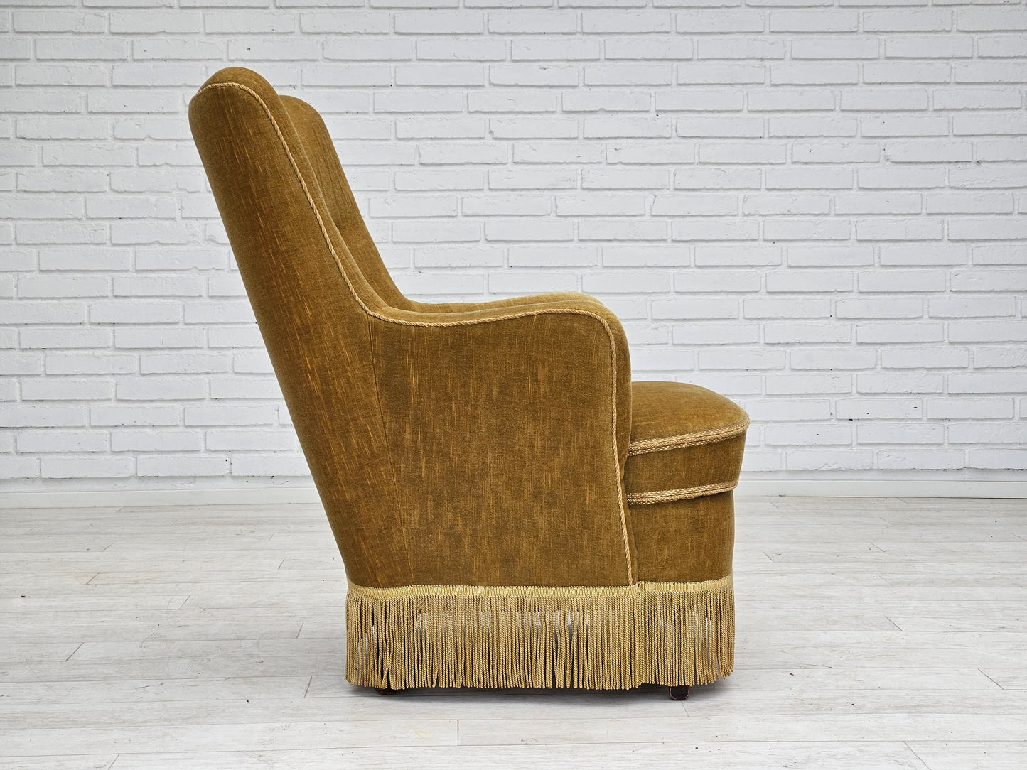 1960s, Danish armchair, original upholstery, light green velour.