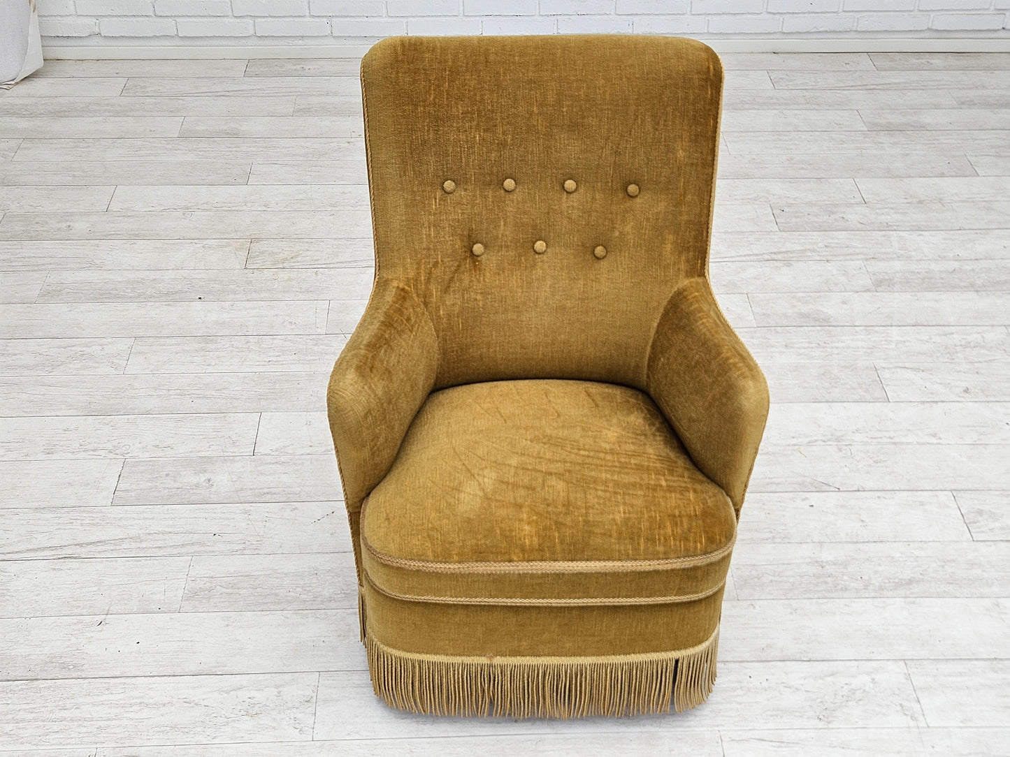 1960s, Danish armchair, original upholstery, light green velour.