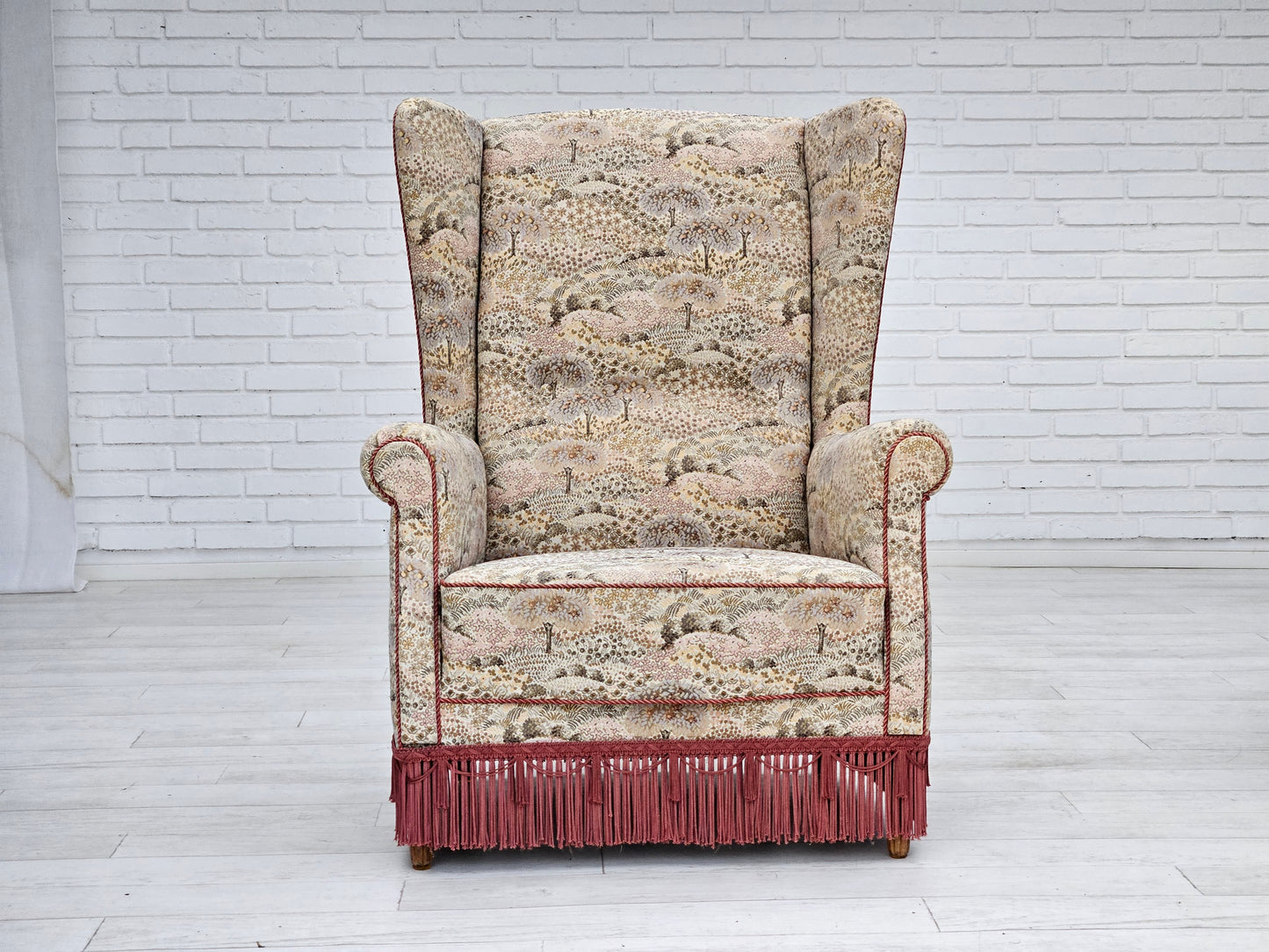 1955-60s, Danish design, high back armchair in floral multicolor fabric, original condition.