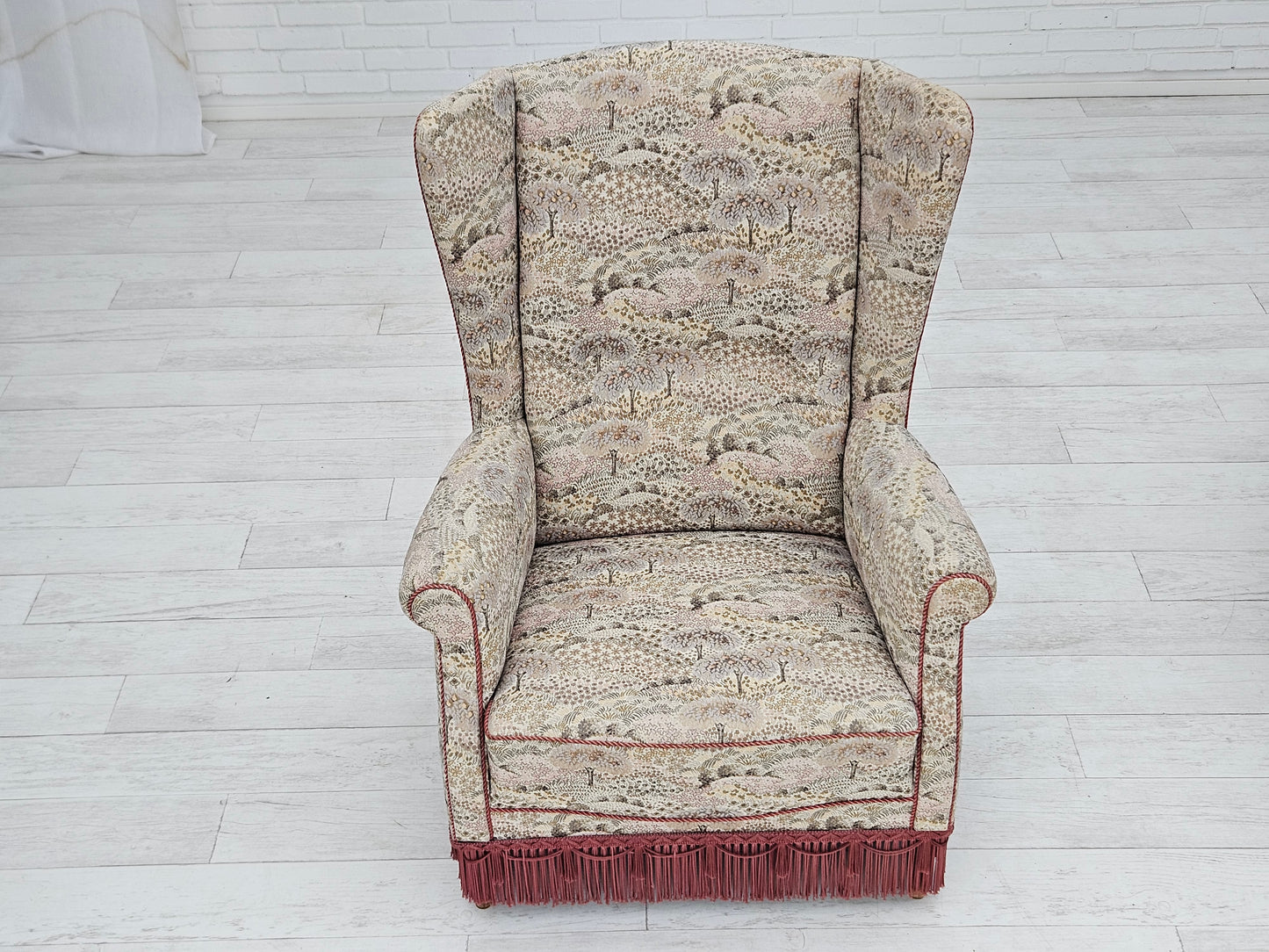 1955-60s, Danish design, high back armchair in floral multicolor fabric, original condition.