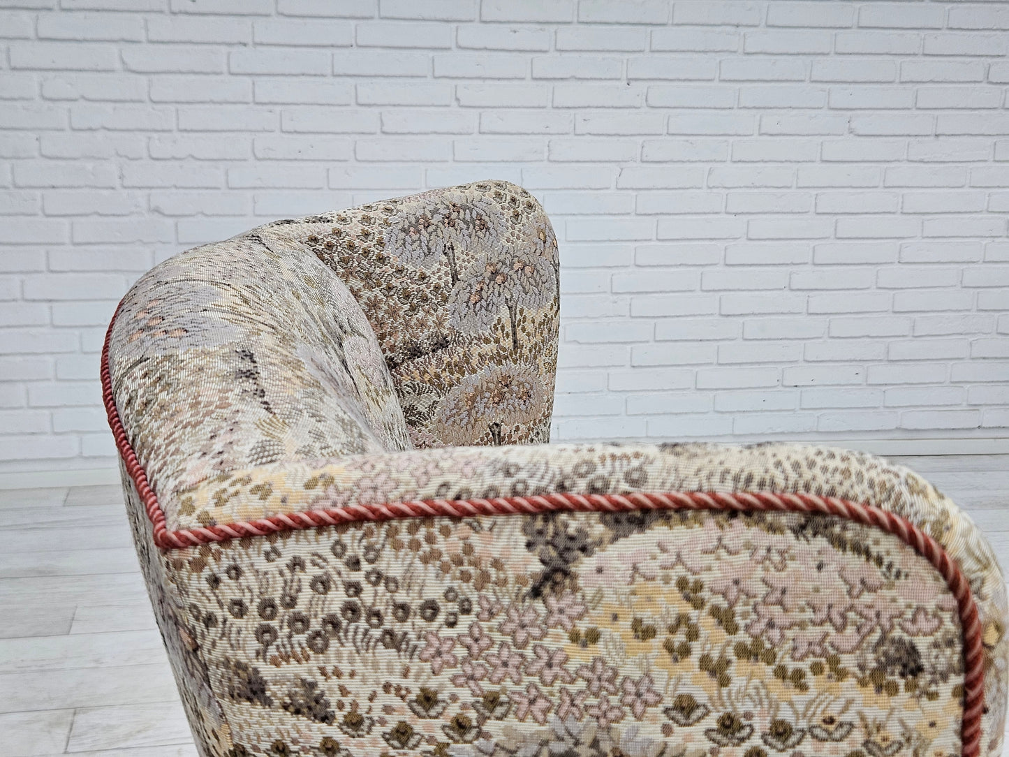 1955-60s, Danish design, high back armchair in floral multicolor fabric, original condition.