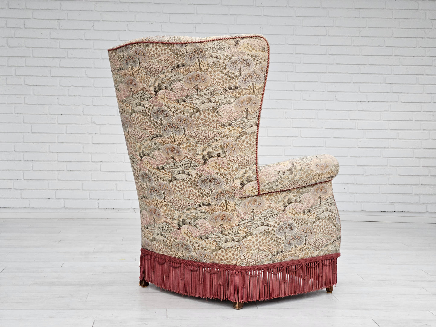 1955-60s, Danish design, high back armchair in floral multicolor fabric, original condition.