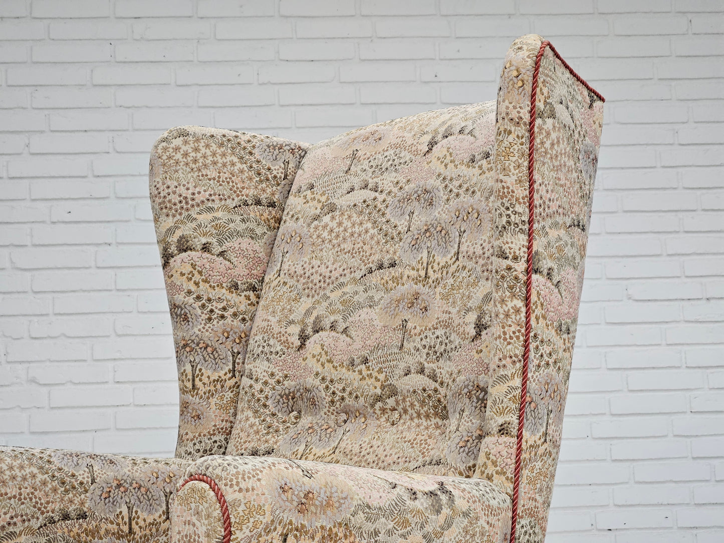 1955-60s, Danish design, high back armchair in floral multicolor fabric, original condition.