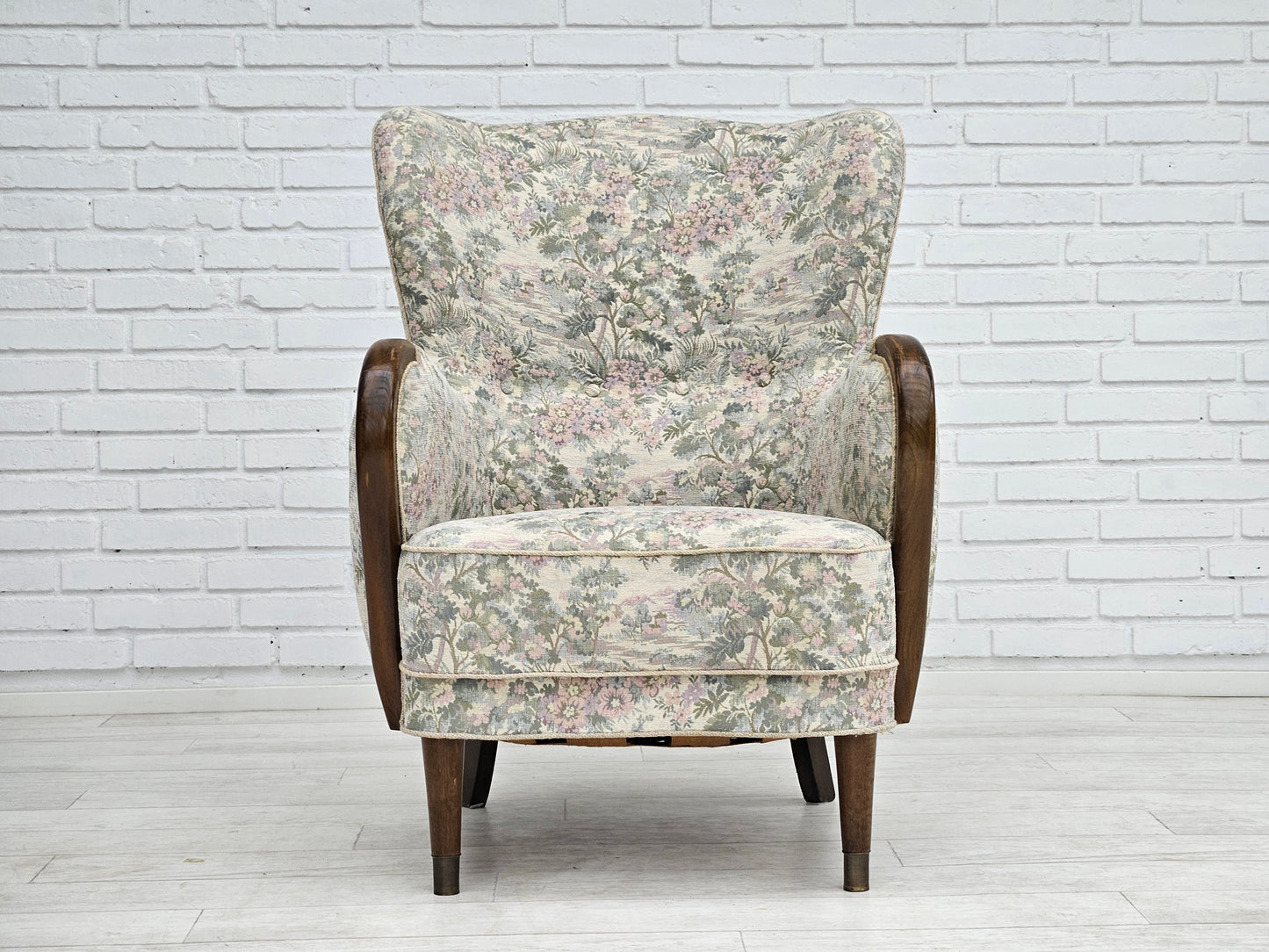 1955-60s, Danish design, armchair in floral multicolor fabric, original condition.