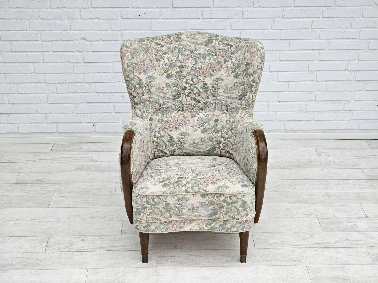 1955-60s, Danish design, armchair in floral multicolor fabric, original condition.