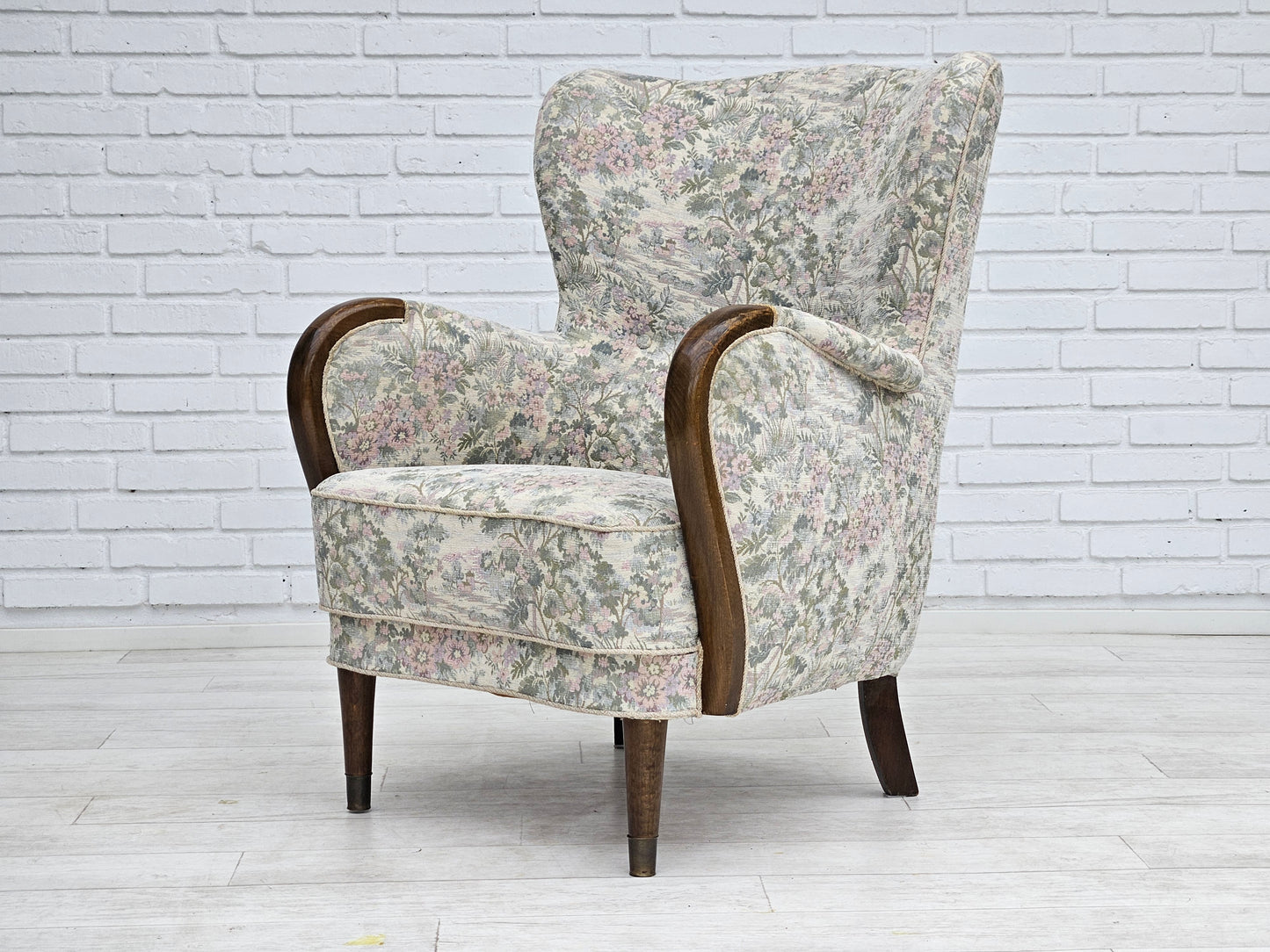 1955-60s, Danish design, armchair in floral multicolor fabric, original condition.