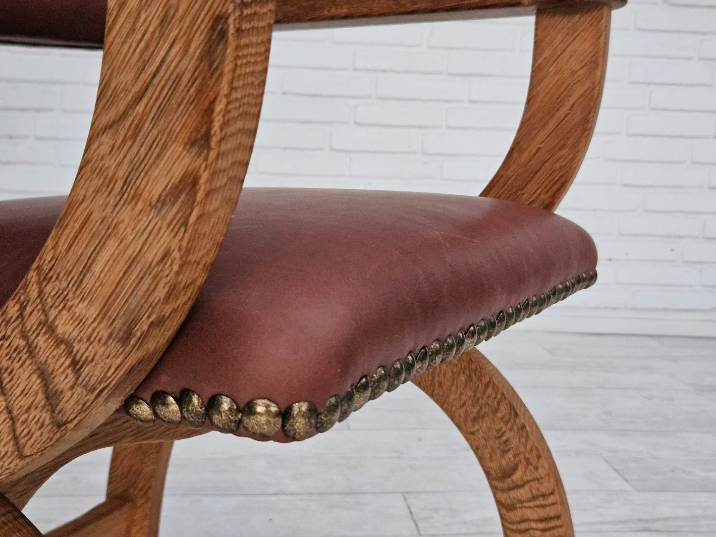 1950s, Danish design, reupholstered armchair, natural brown leather, oak wood.