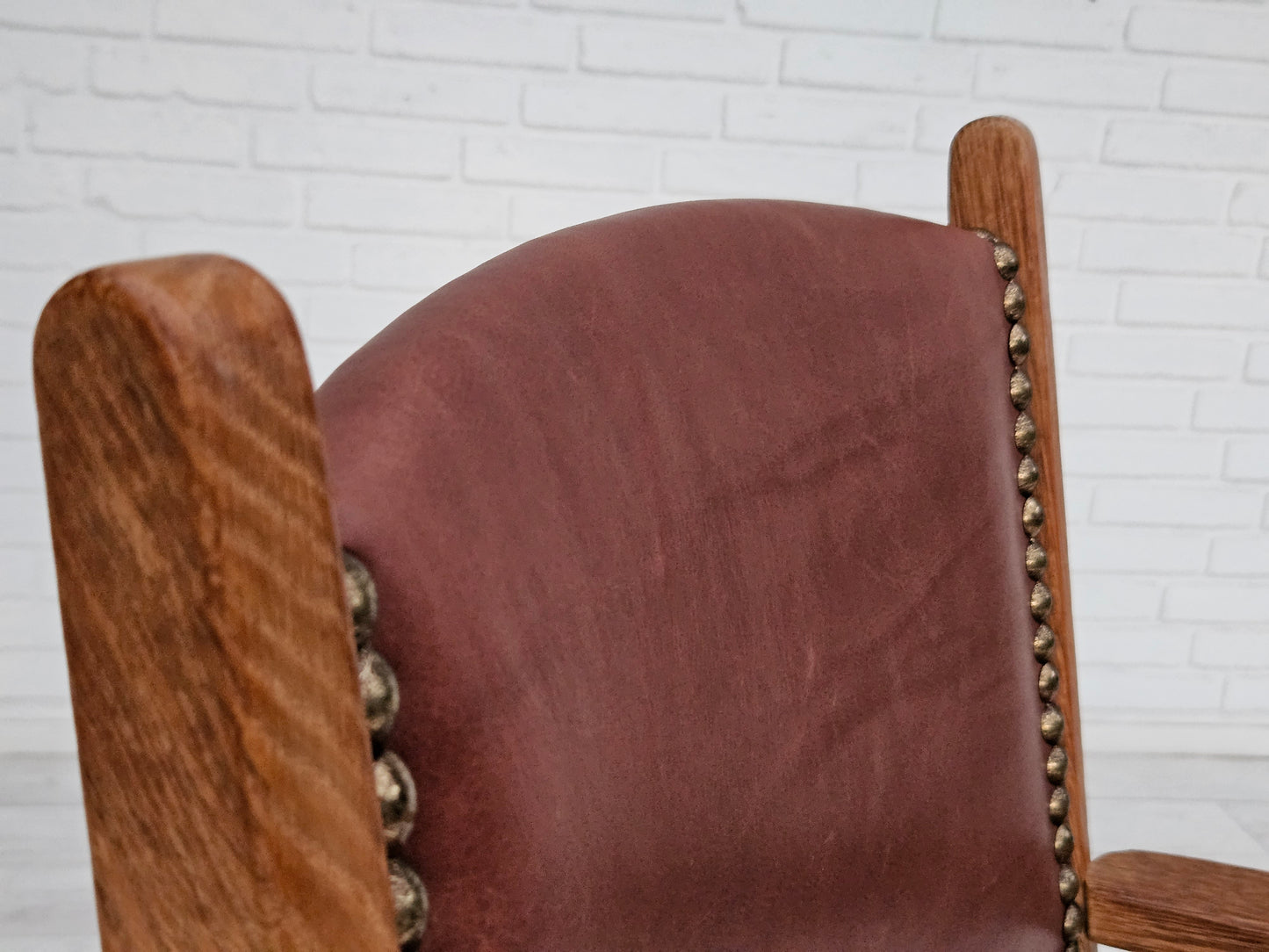 1950s, Danish design, reupholstered armchair, natural brown leather, oak wood.