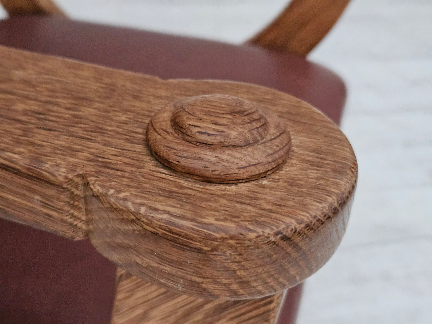 1950s, Danish design, reupholstered armchair, natural brown leather, oak wood.