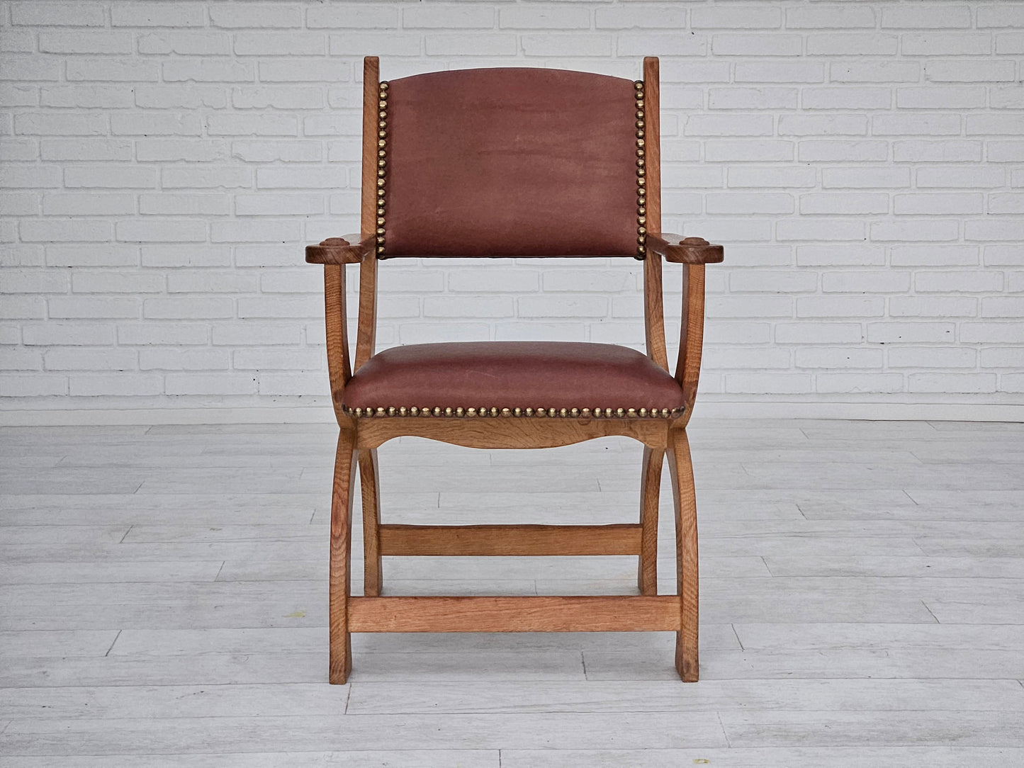 1950s, Danish design, reupholstered armchair, natural brown leather, oak wood.