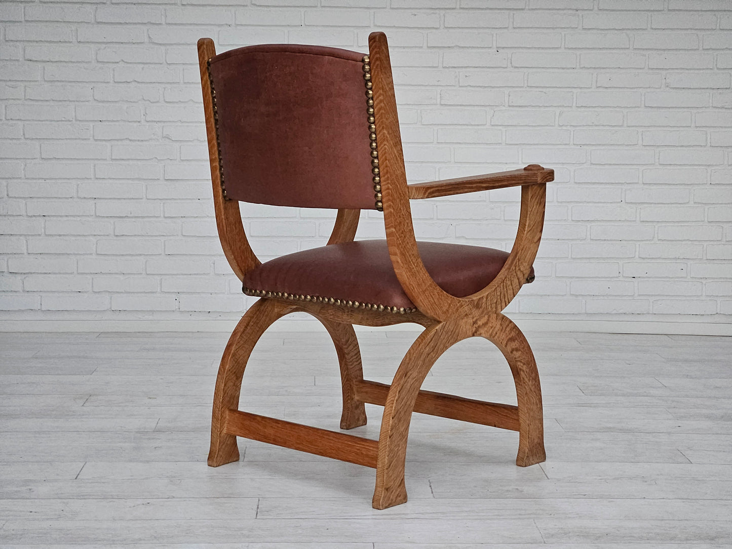 1950s, Danish design, reupholstered armchair, natural brown leather, oak wood.