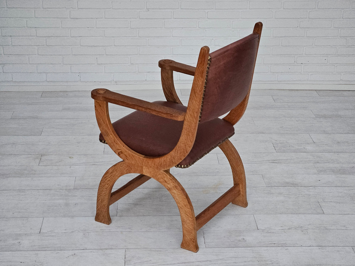 1950s, Danish design, reupholstered armchair, natural brown leather, oak wood.