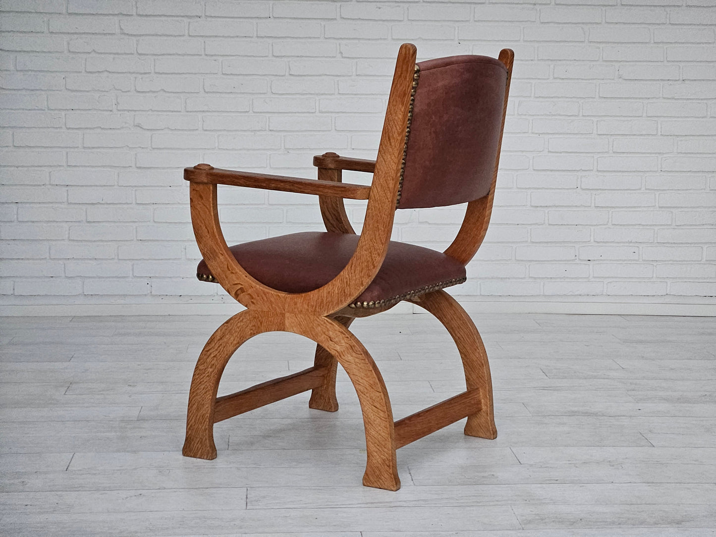 1950s, Danish design, reupholstered armchair, natural brown leather, oak wood.