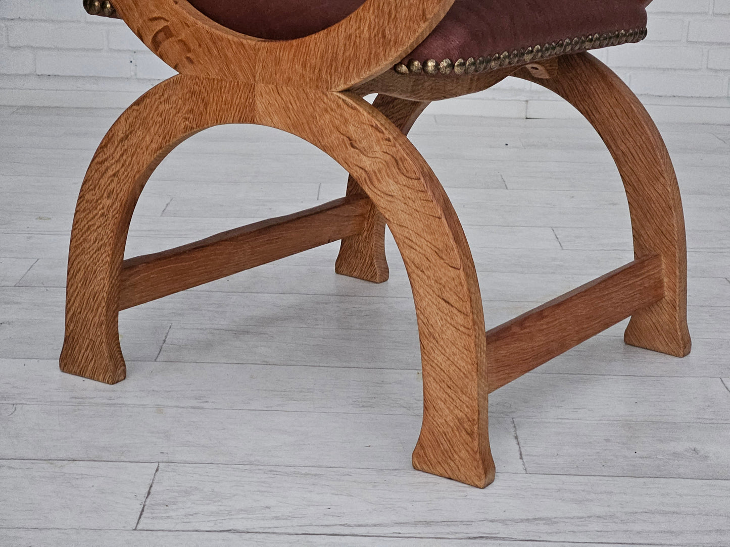 1950s, Danish design, reupholstered armchair, natural brown leather, oak wood.