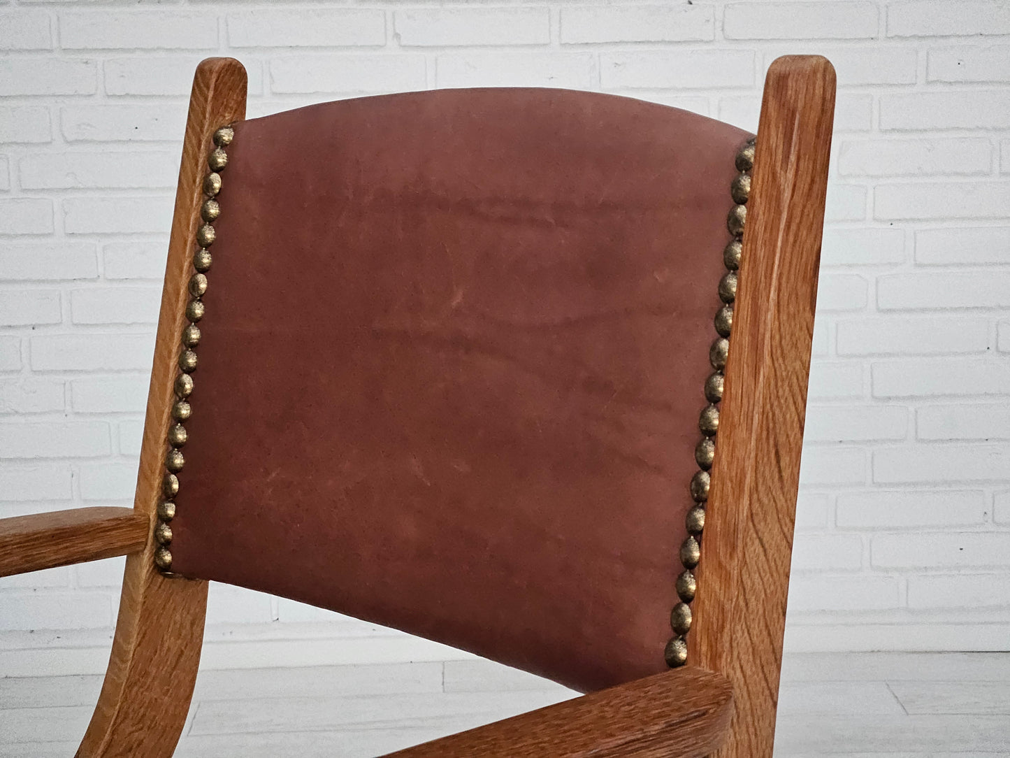 1950s, Danish design, reupholstered armchair, natural brown leather, oak wood.