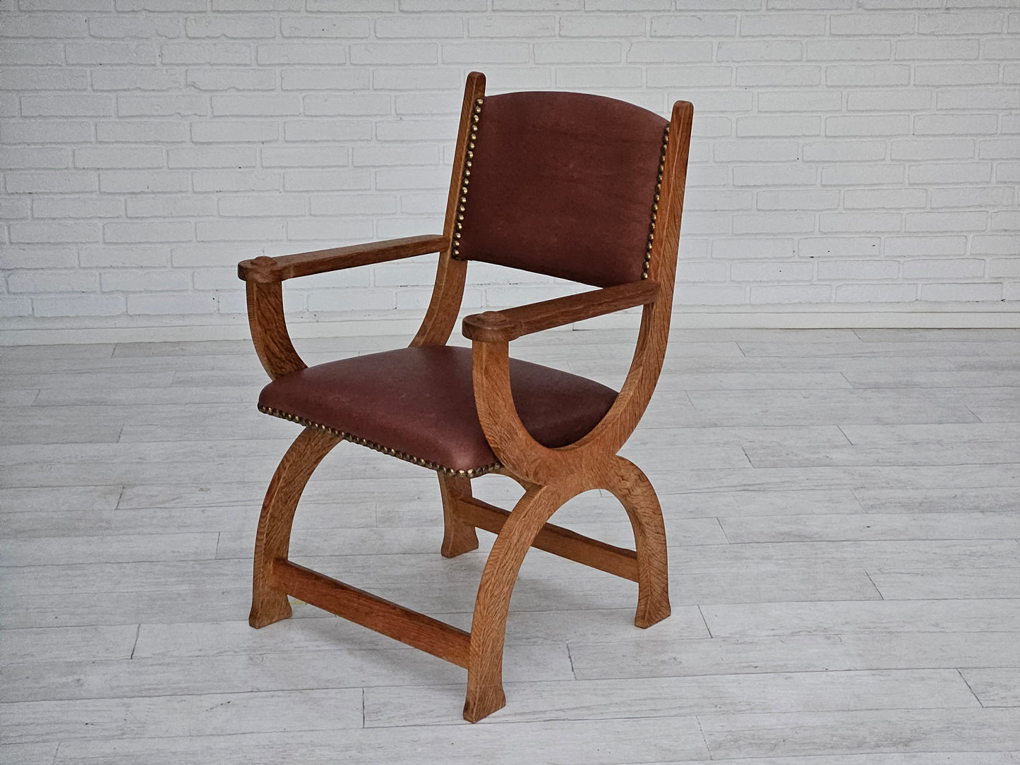 1950s, Danish design, reupholstered armchair, natural brown leather, oak wood.