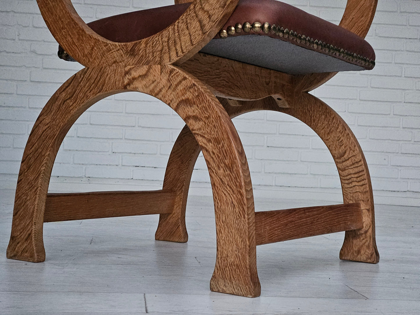 1950s, Danish design, reupholstered armchair, natural brown leather, oak wood.