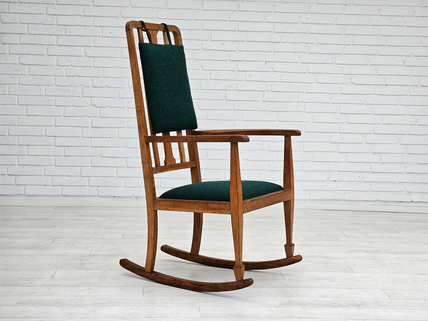 1950-60s, reupholstered Danish highback rocking chair, furniture wool.