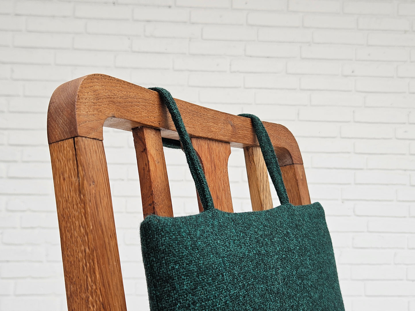 1950-60s, reupholstered Danish highback rocking chair, furniture wool.