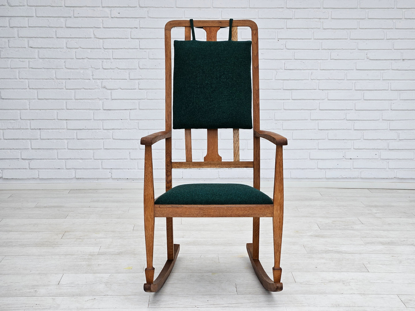 1950-60s, reupholstered Danish highback rocking chair, furniture wool.