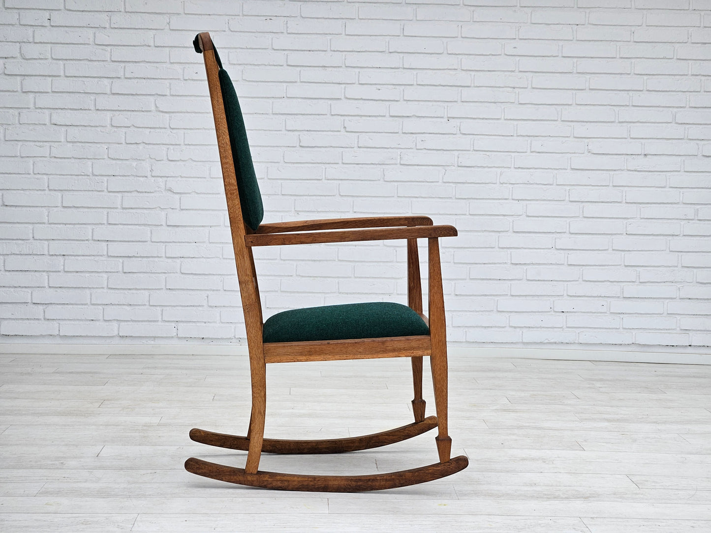 1950-60s, reupholstered Danish highback rocking chair, furniture wool.