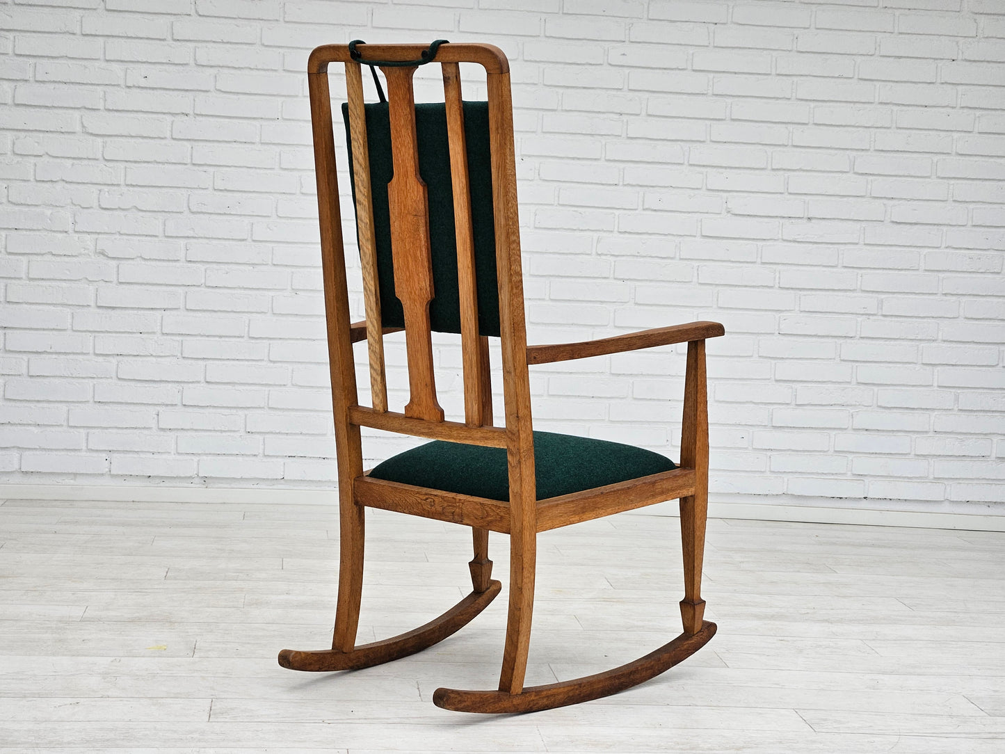 1950-60s, reupholstered Danish highback rocking chair, furniture wool.