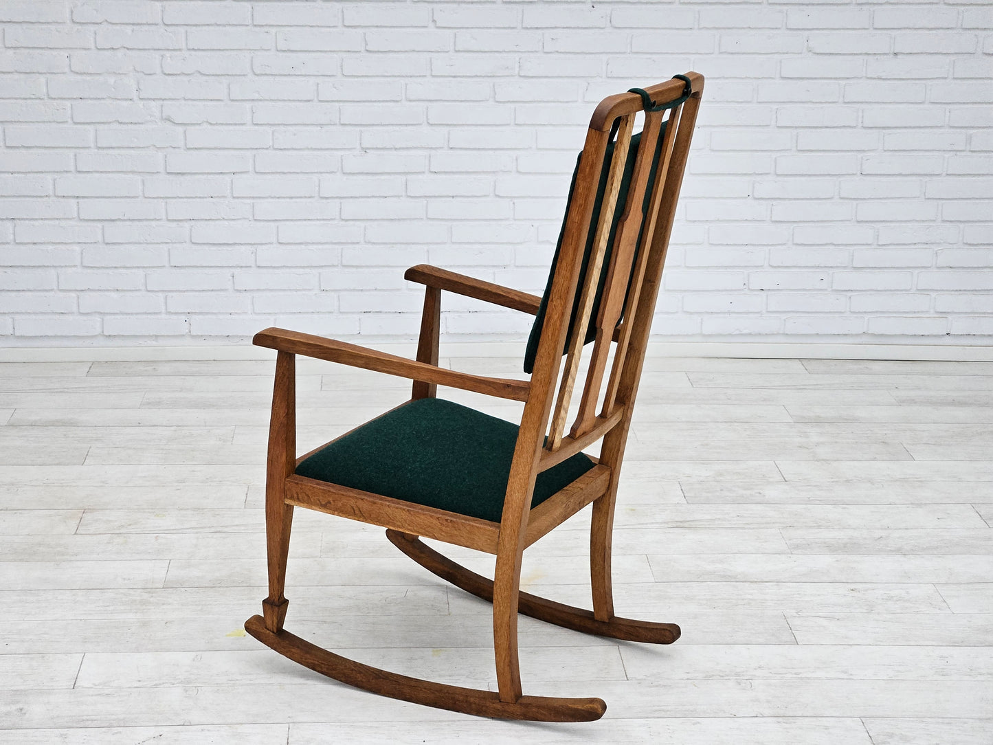 1950-60s, reupholstered Danish highback rocking chair, furniture wool.