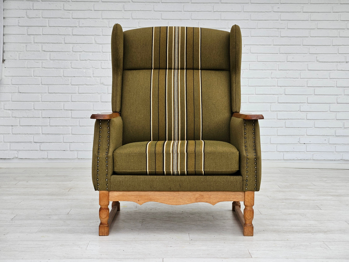 1970s, Danish wingback chair, original upholstery, green furniture wool.