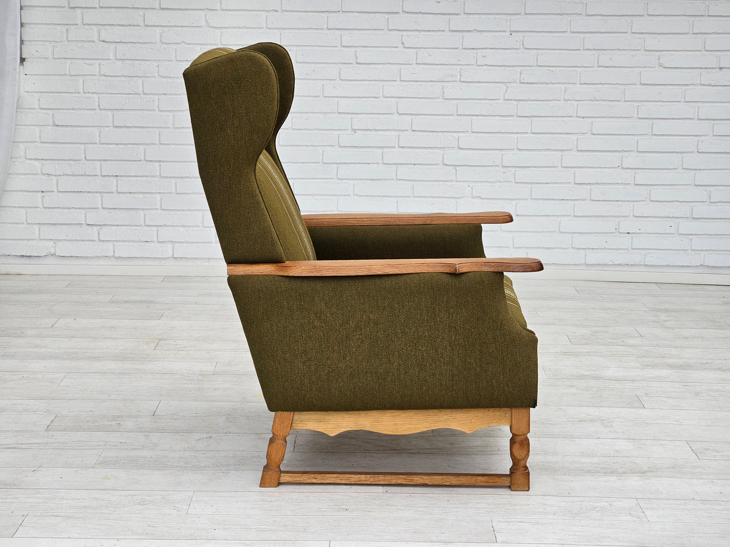 1970s, Danish wingback chair, original upholstery, green furniture wool.