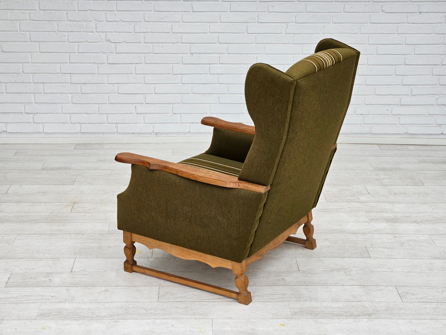 1970s, Danish wingback chair, original upholstery, green furniture wool.