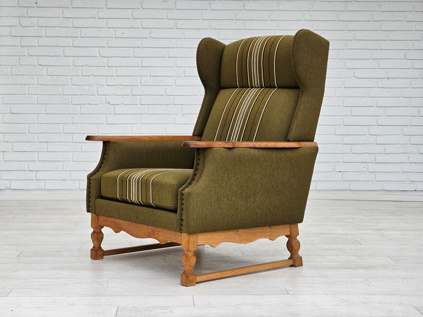 1970s, Danish wingback chair, original upholstery, green furniture wool.