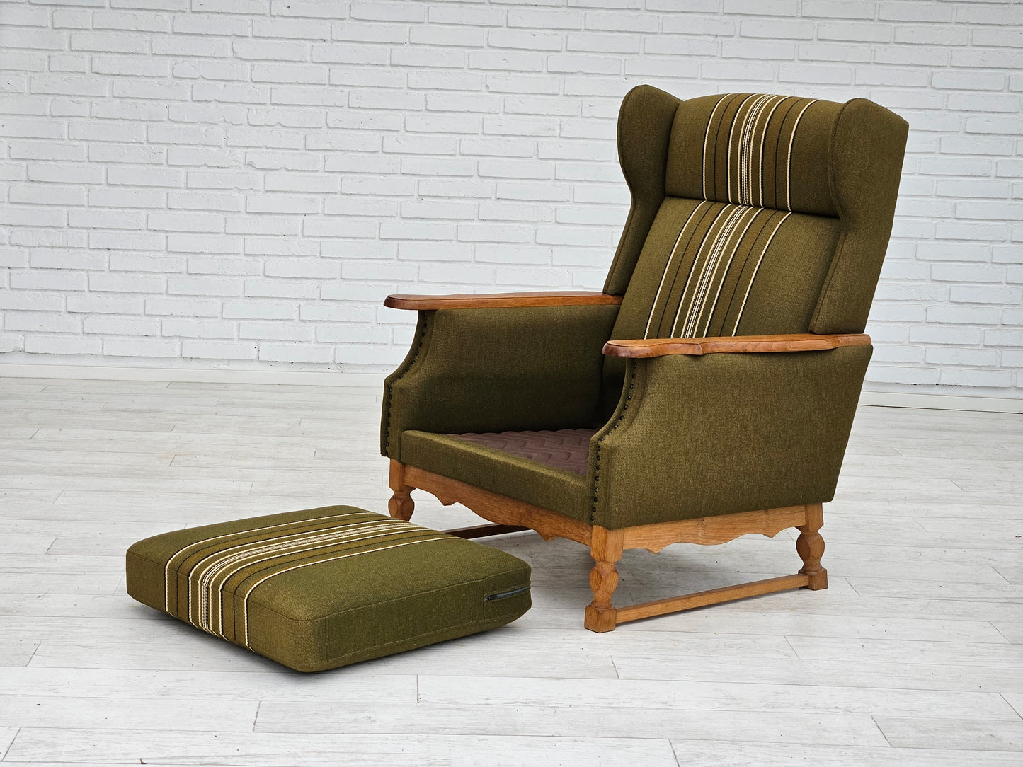 1970s, Danish wingback chair, original upholstery, green furniture wool.