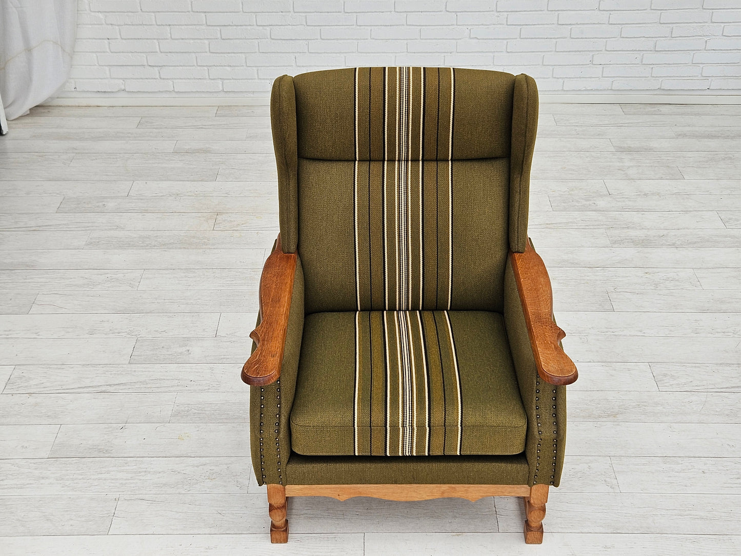 1970s, Danish wingback chair, original upholstery, green furniture wool.