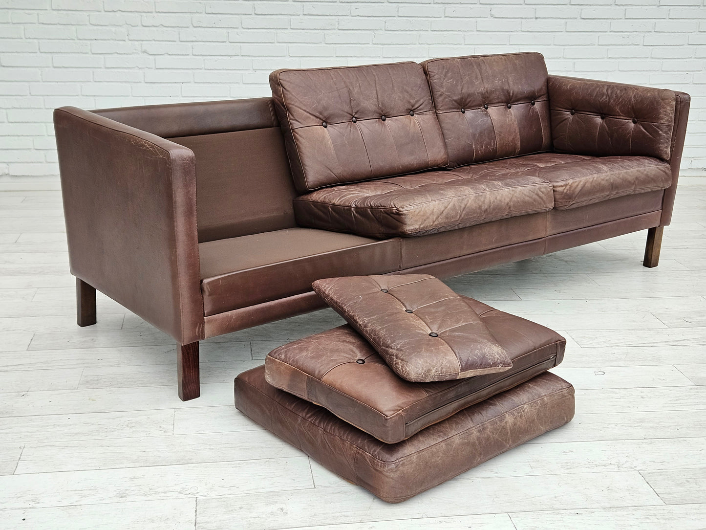 1970s, Danish 3-seater classic sofa, original brown leather.