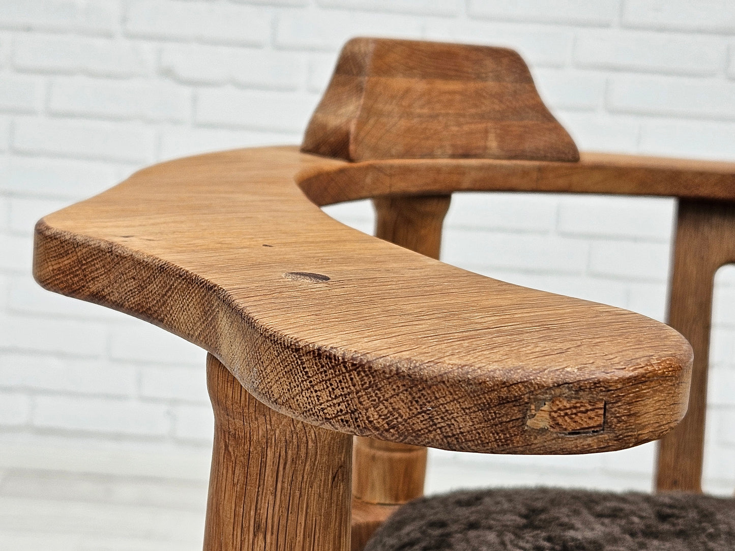 1950s, Danish design, reupholstered armchair, New Zealand sheepskin, oak wood.