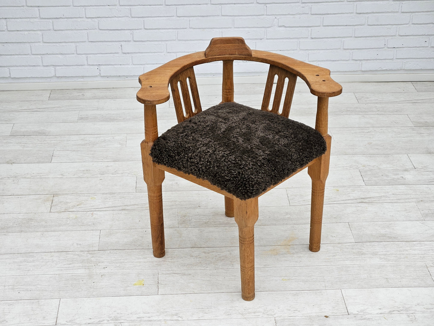 1950s, Danish design, reupholstered armchair, New Zealand sheepskin, oak wood.