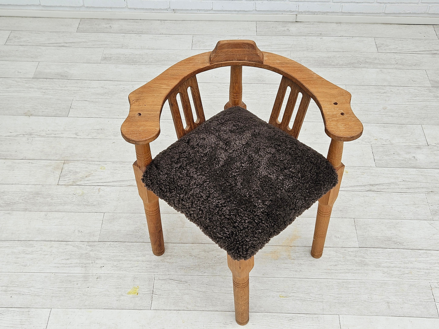 1950s, Danish design, reupholstered armchair, New Zealand sheepskin, oak wood.