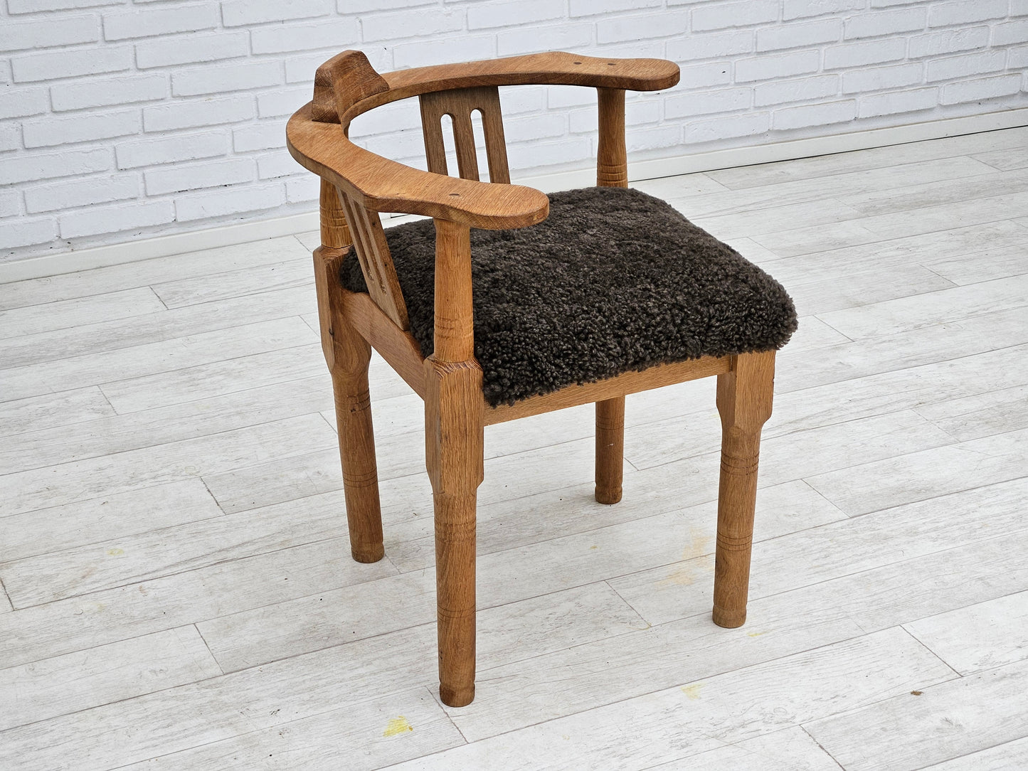 1950s, Danish design, reupholstered armchair, New Zealand sheepskin, oak wood.