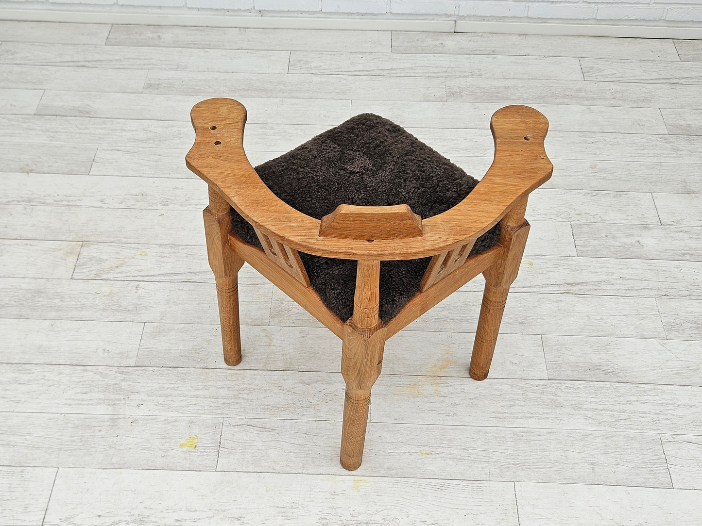 1950s, Danish design, reupholstered armchair, New Zealand sheepskin, oak wood.