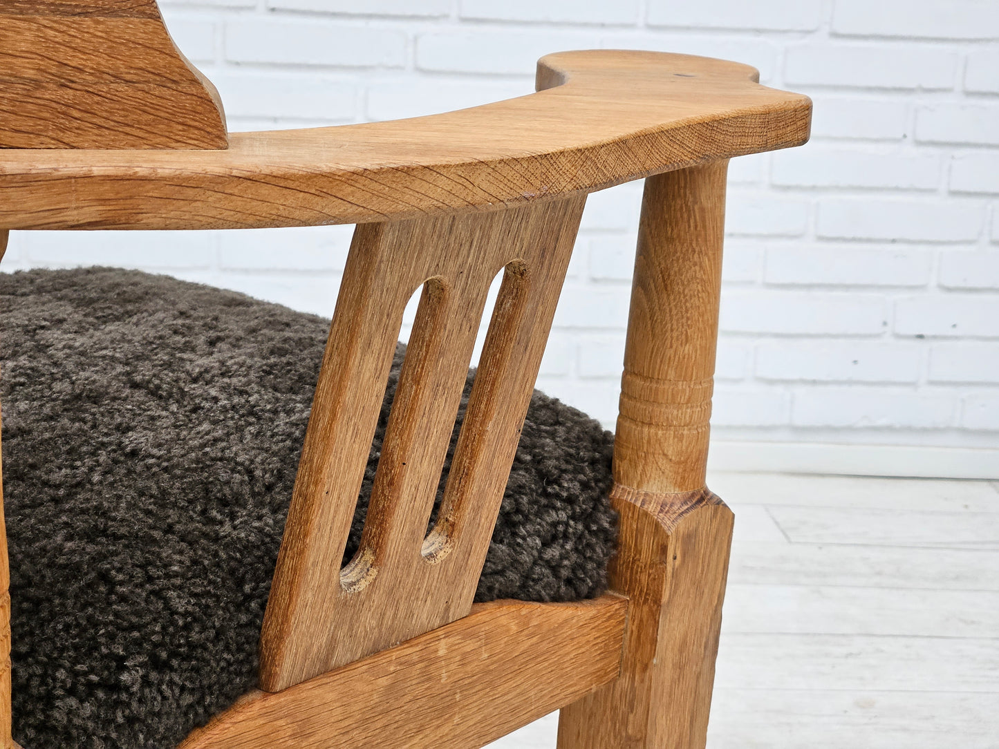 1950s, Danish design, reupholstered armchair, New Zealand sheepskin, oak wood.