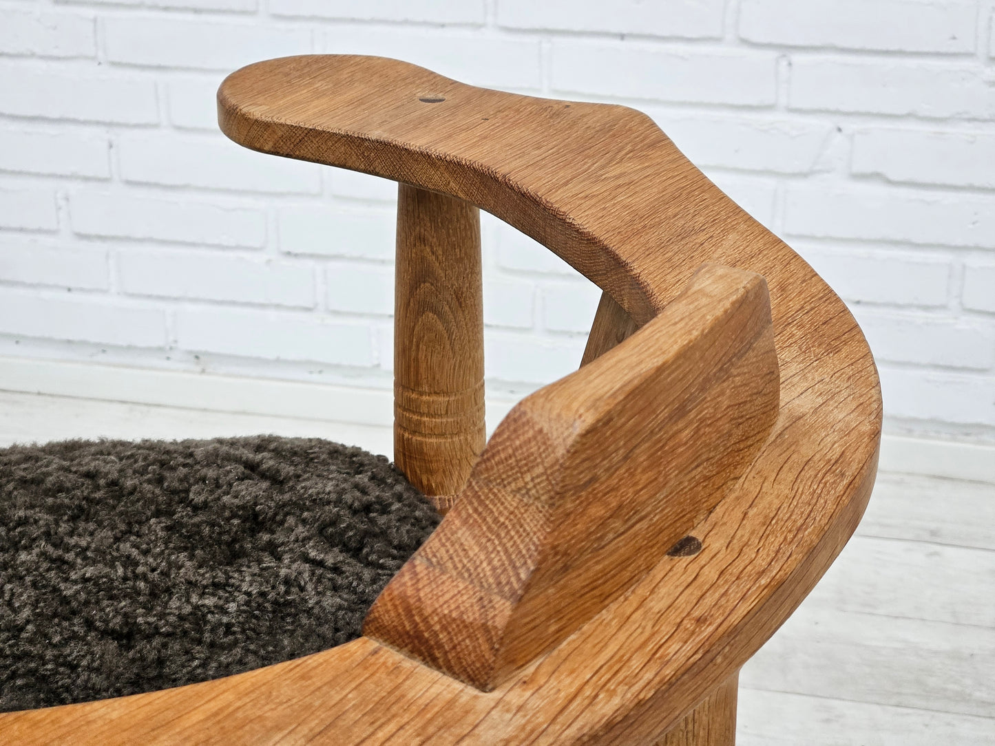 1950s, Danish design, reupholstered armchair, New Zealand sheepskin, oak wood.