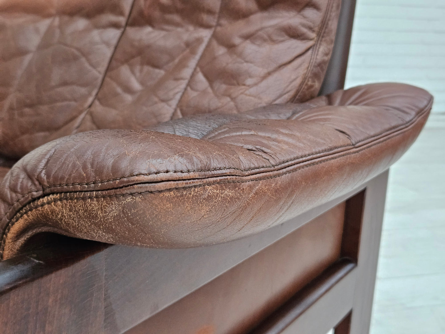 1970s, Danish adjustable lounge chair with footstool, brown leather, by Skippers Møbler.