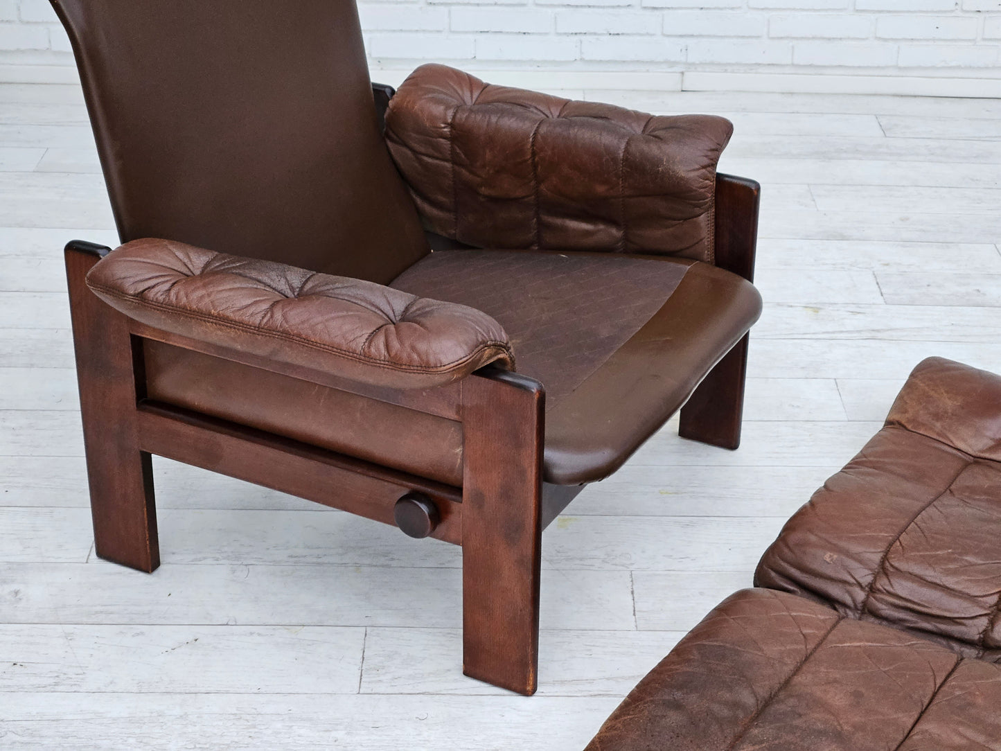 1970s, Danish adjustable lounge chair with footstool, brown leather, by Skippers Møbler.